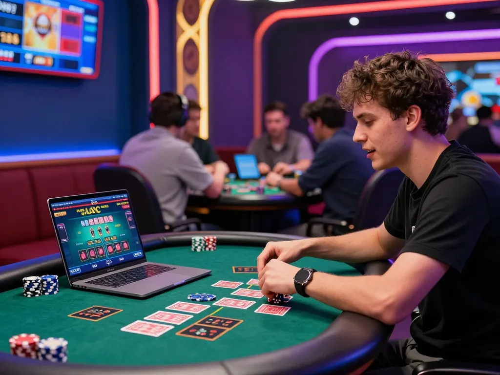 Engaging online baccarat gaming experience featuring a player at a live dealer table, showcasing the excitement of 바카라사이트 with vibrant atmosphere.