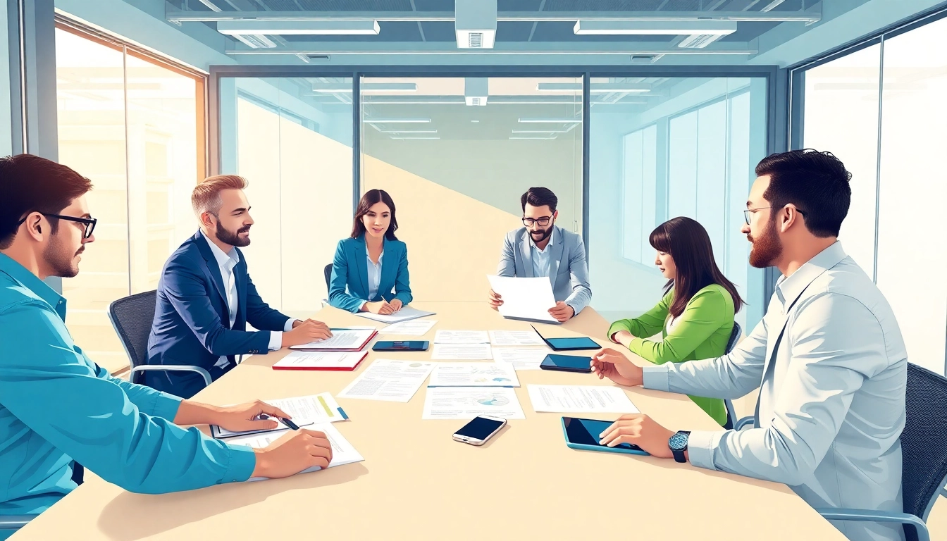 Collaborative team discussing contracts and grants in a modern office setting.