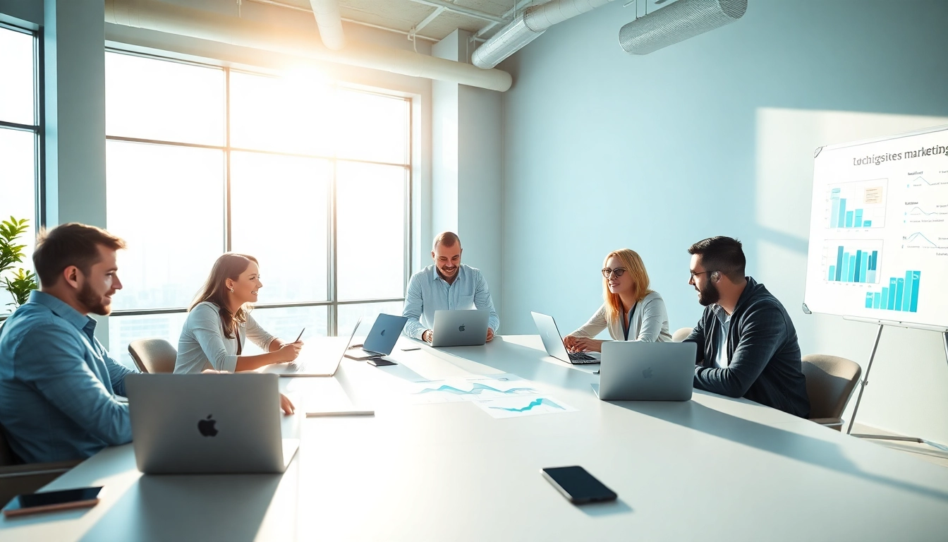 Dynamic teamwork of a digital marketing company strategizing in a modern office.