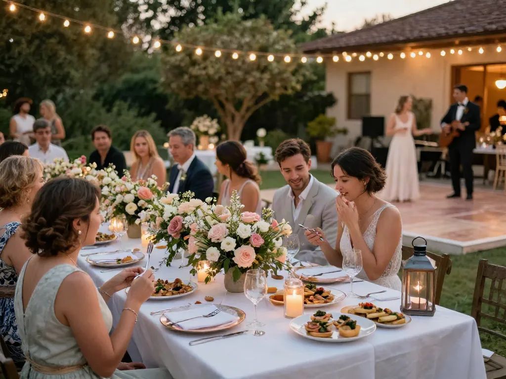 Event rentals creating an elegant outdoor wedding reception atmosphere with beautiful decor and a lively celebration