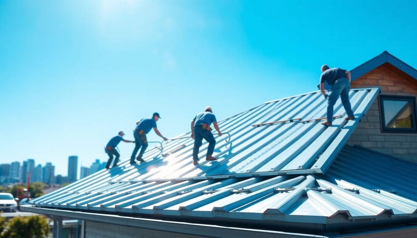 Metal roofing Toronto installation with professional crew working on a sunny residential building.