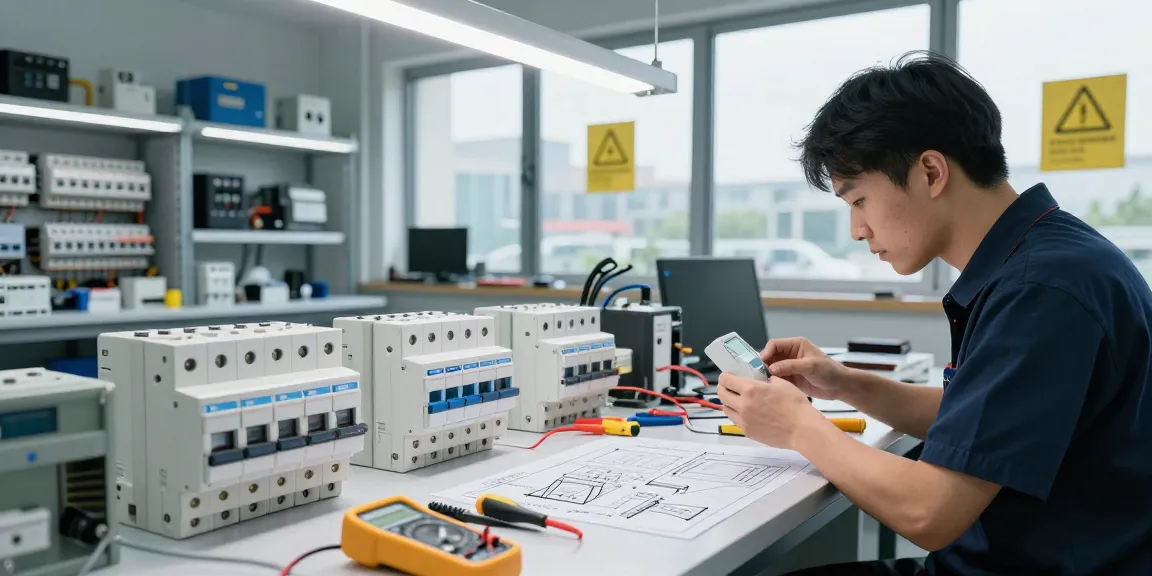 Technician analyzing an earth leakage circuit breaker in a professional electrical workshop, surrounded by high-quality components.