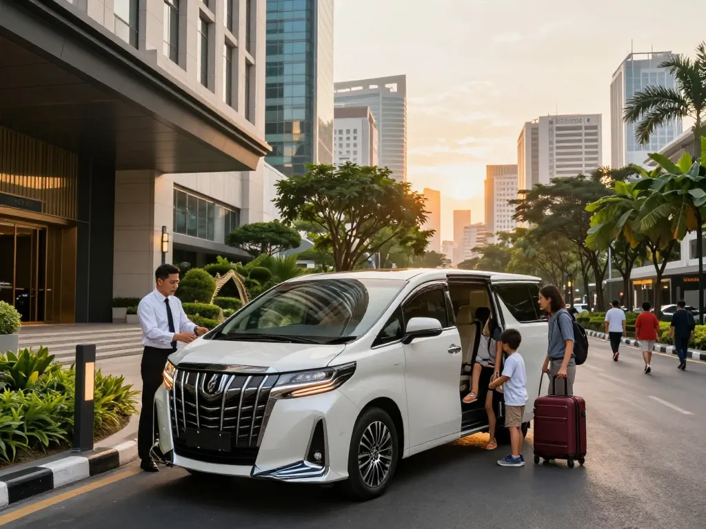 Cho thuê xe Toyota Alphard đậu bên ngoài khách sạn cao cấp tại Thành phố Hồ Chí Minh với tài xế hỗ trợ hành khách.