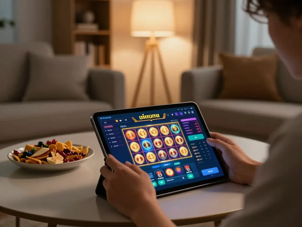 Engaged player using a tablet for เว็บสล็อต in a cozy home setting, showcasing online gaming excitement