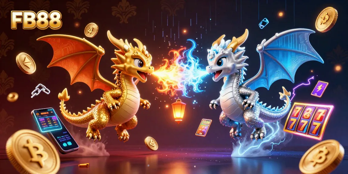 Experience thrilling action with FB88 as elegant dragons and vibrant gaming symbols combine in a dynamic casino scene.