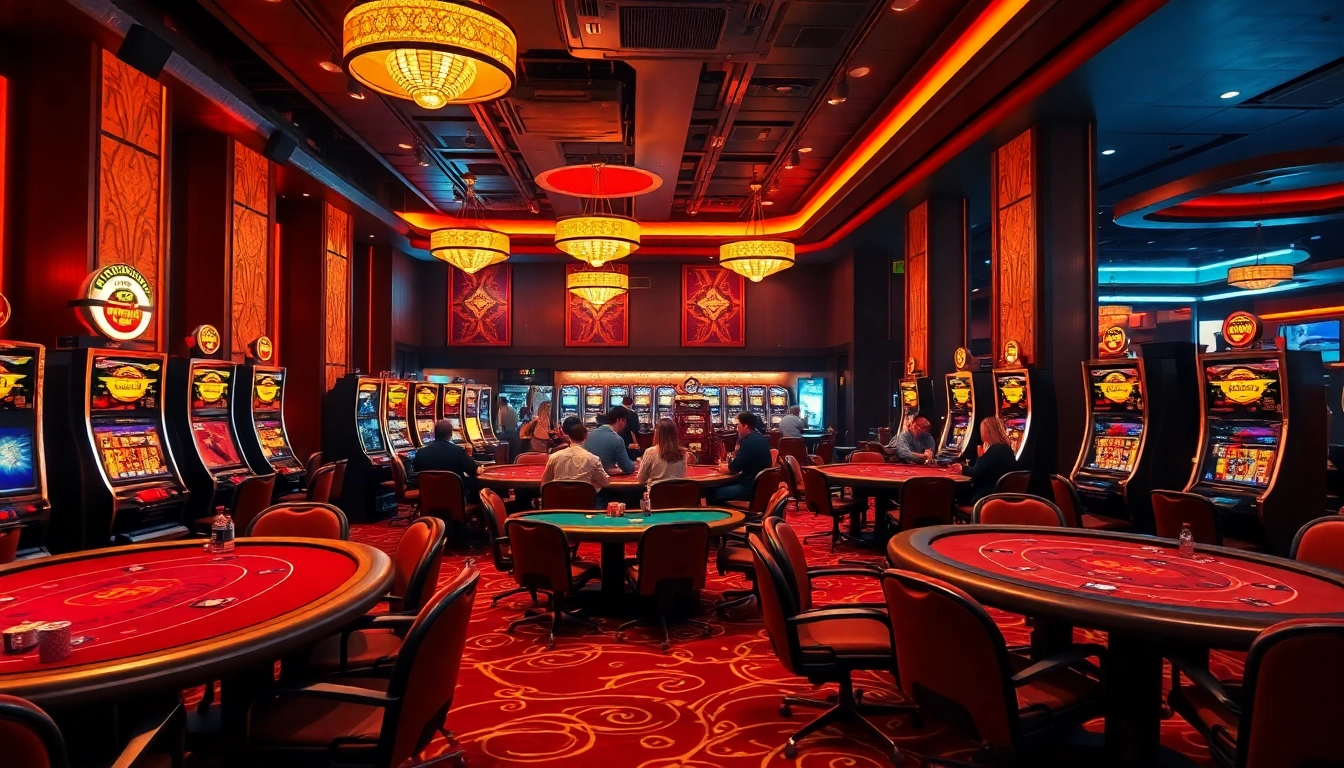 Casino spielen in einem eleganten Ambiente mit lebhaften Spielautomaten und Pokertischen.