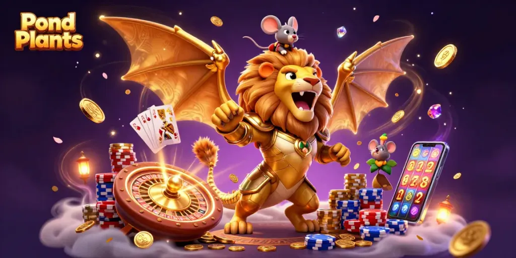 Pond Plants sparkling amid cascading coins and dynamic casino elements, creating a vibrant gambling atmosphere.