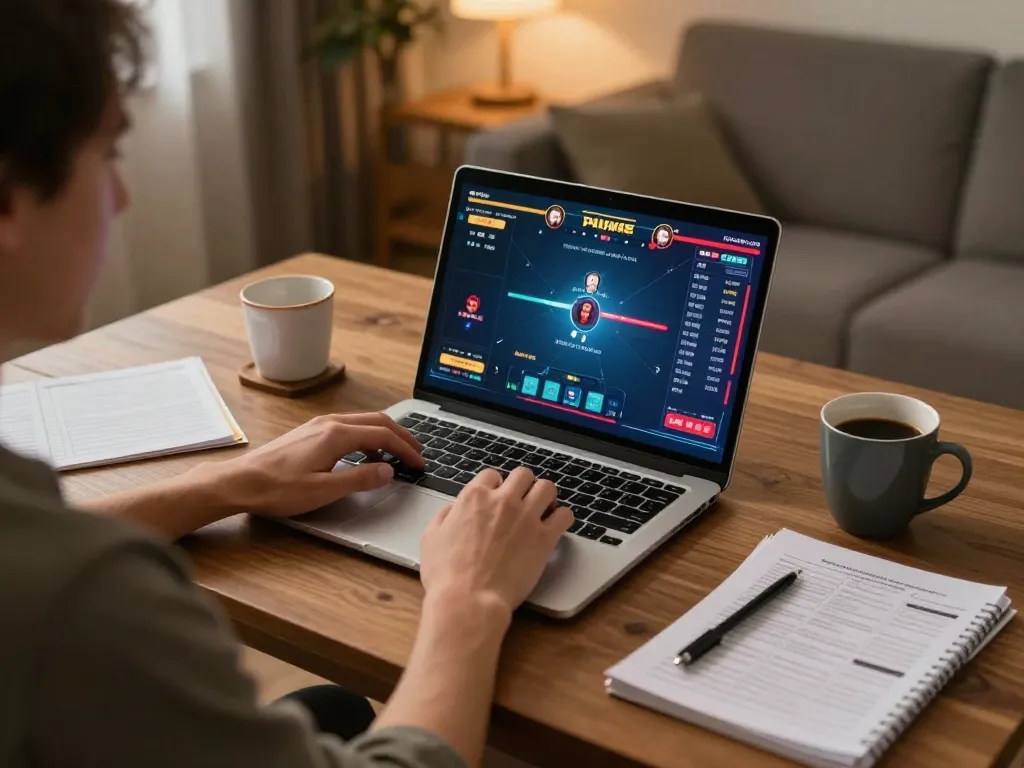 Terlibat dalam poker online strategis di rumah menggunakan paris888, menampilkan permainan intens di laptop.