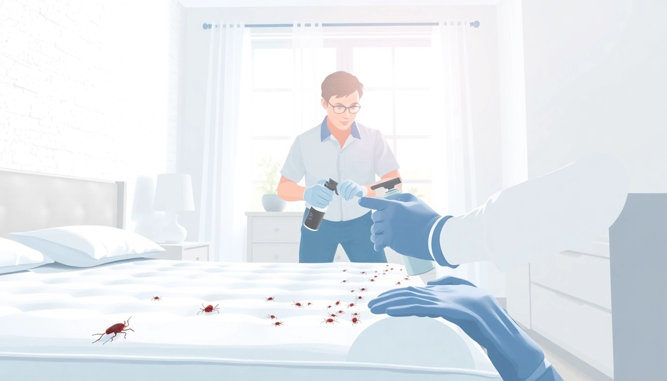 Implementing bed bug control measures in a residential room by a pest control technician.