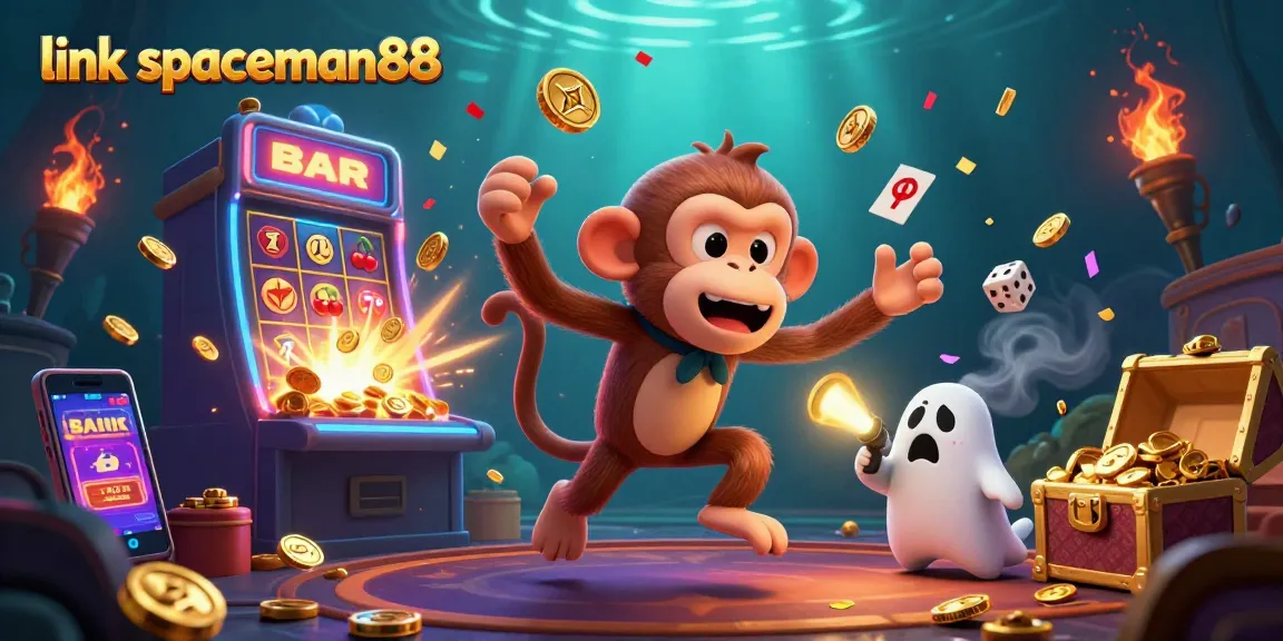 Experience the excitement of link spaceman88 with a playful poltergeist monkey and a ghost-hunter puppy in a vibrant casino.