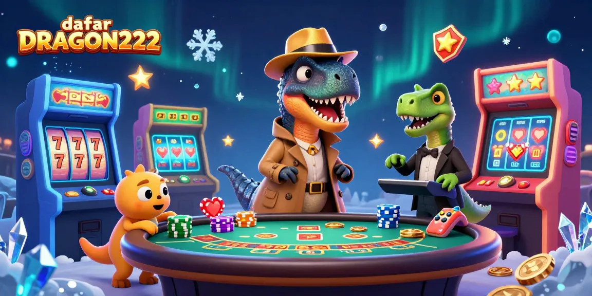 Experience an exciting game at daftar DRAGON222 with a cartoon velociraptor and vibrant casino elements.