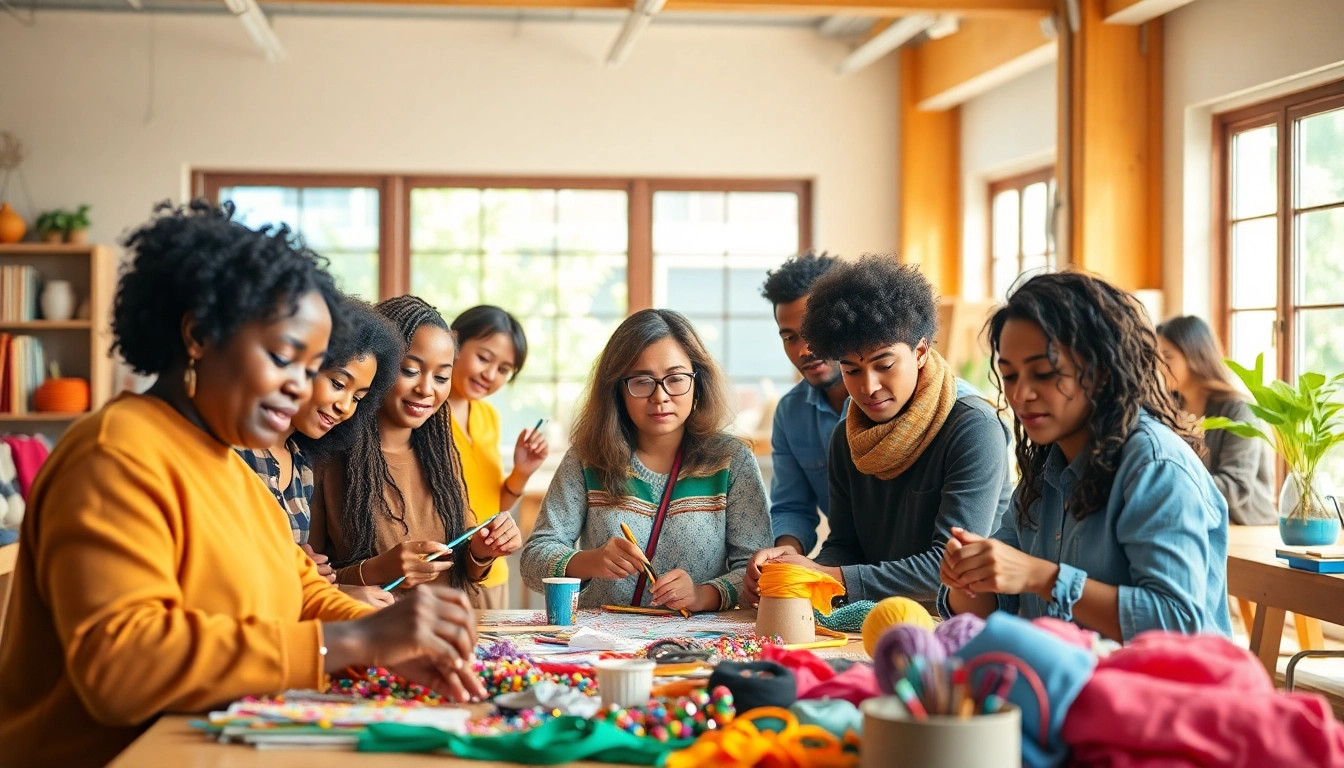 Participants engaging in craft training programs in a bright workshop, showcasing creativity and collaboration.