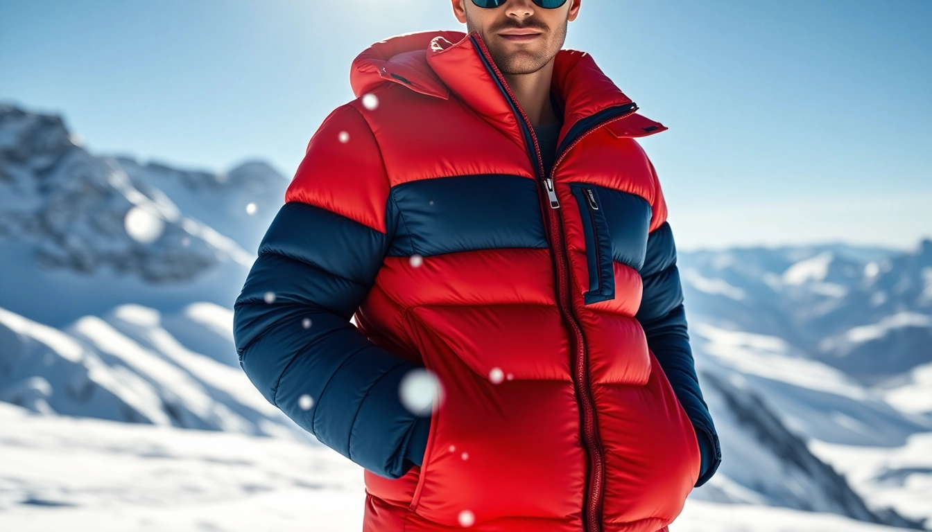 Model showcasing down jackets for winter on a snowy mountain slope.