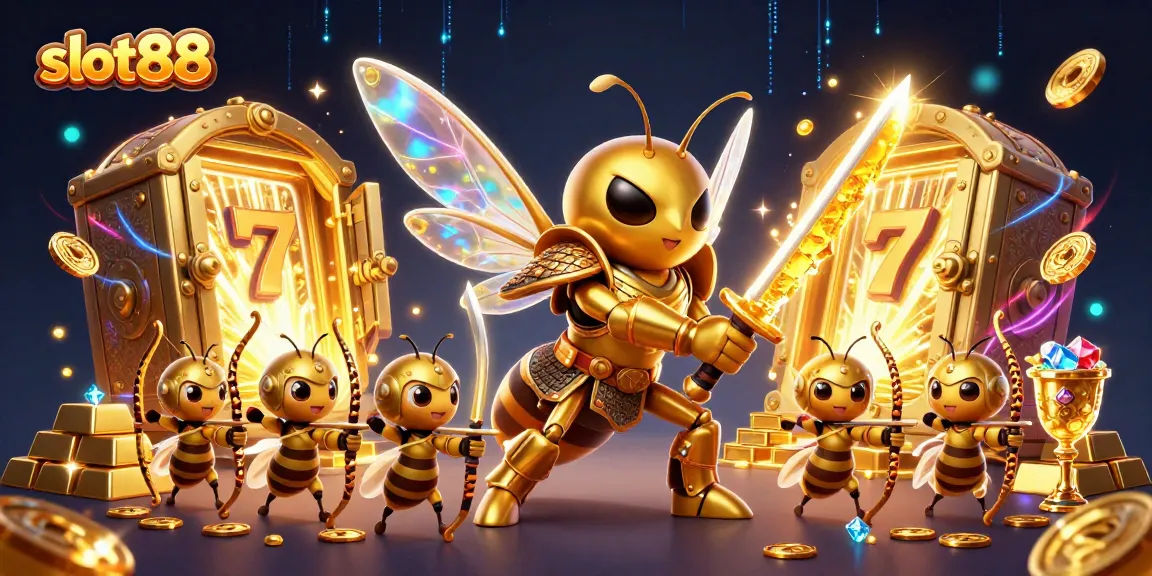 Spin and win with slot88 in this vibrant, dynamic 3D casino illustration featuring a golden hornet and slots.