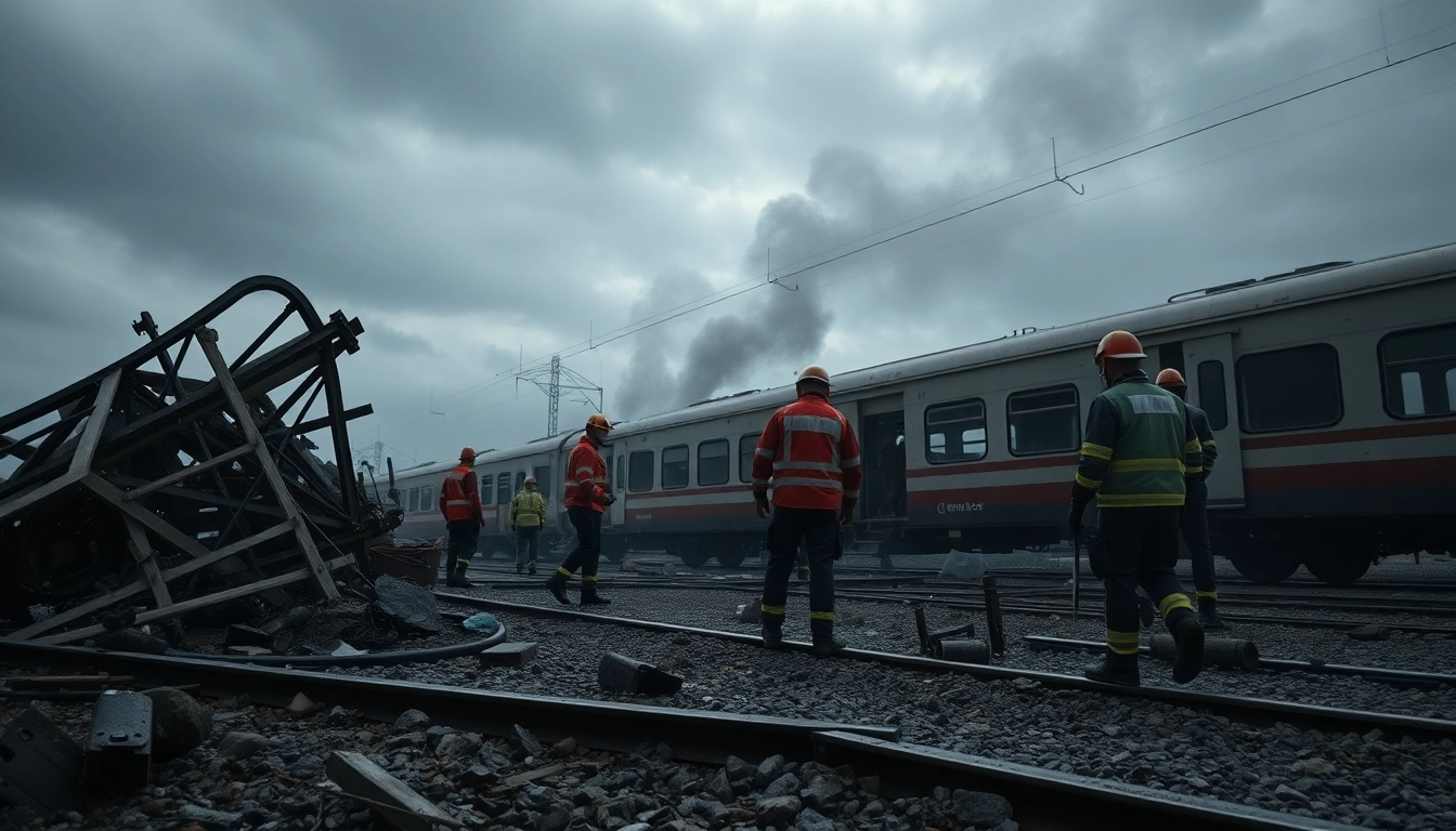 Spain train crash scene with first responders tending to the injured amid wreckage.