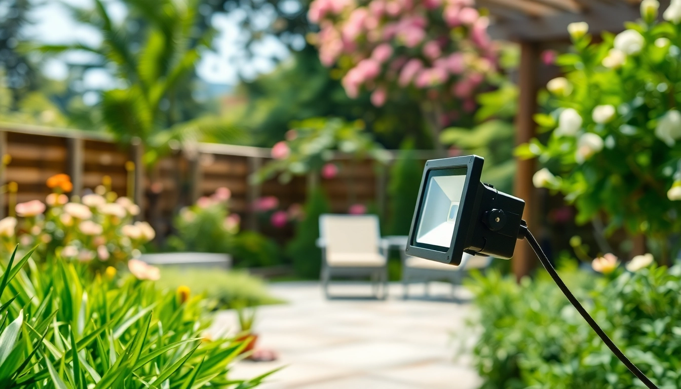 LED breedstraler verlicht een tuin, benadrukt de installatie en moderne uitstraling.