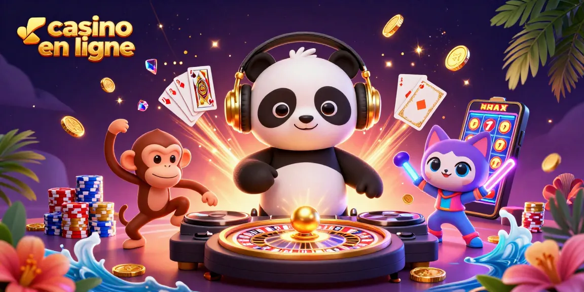 Profitez des jeux dans un casino en ligne avec une scène festive dynamique et des personnages amusants.