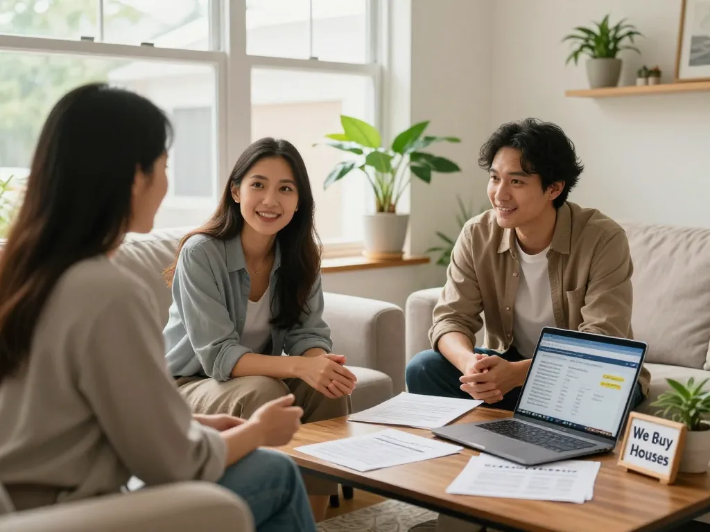 Homebuyers discussing selling options with a real estate agent, emphasizing we buy houses.