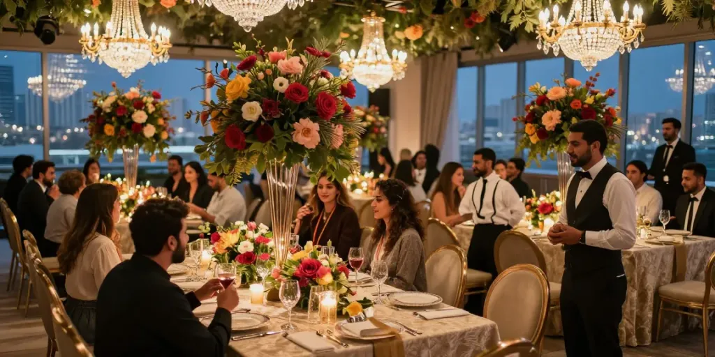 Event rentals showcasing an elegant Saudi venue with luxurious decor and sophisticated arrangements.