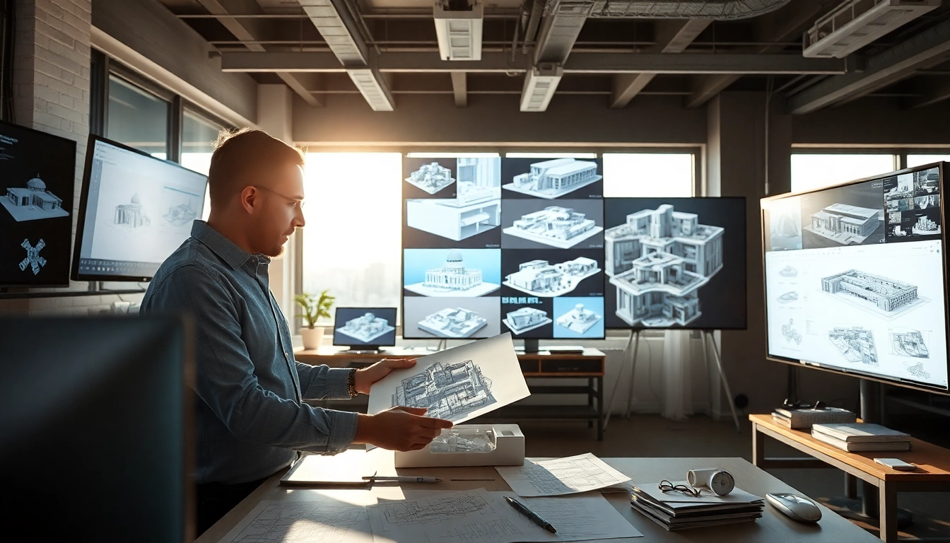3D Visualisierung erstellen in einem modernen Studio mit Architekten und digitalen Modellen.