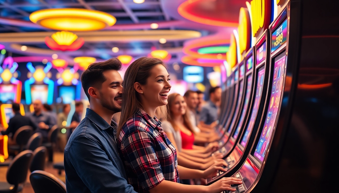 Pemain merayakan kemenangan pada bro138 slot dengan kegembiraan di kasino modern.