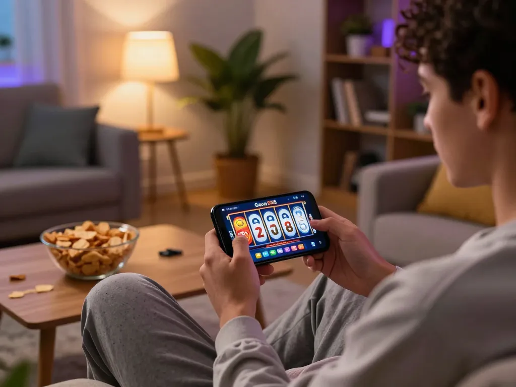 Enjoying an exciting session on slot-gacor2026 with smartphone gaming in a cozy home setting.