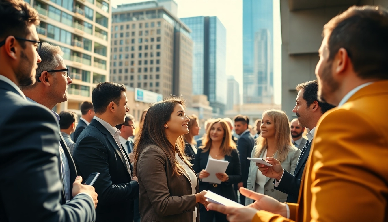 Engaging construction networking professionals exchanging ideas and opportunities in a vibrant urban setting.