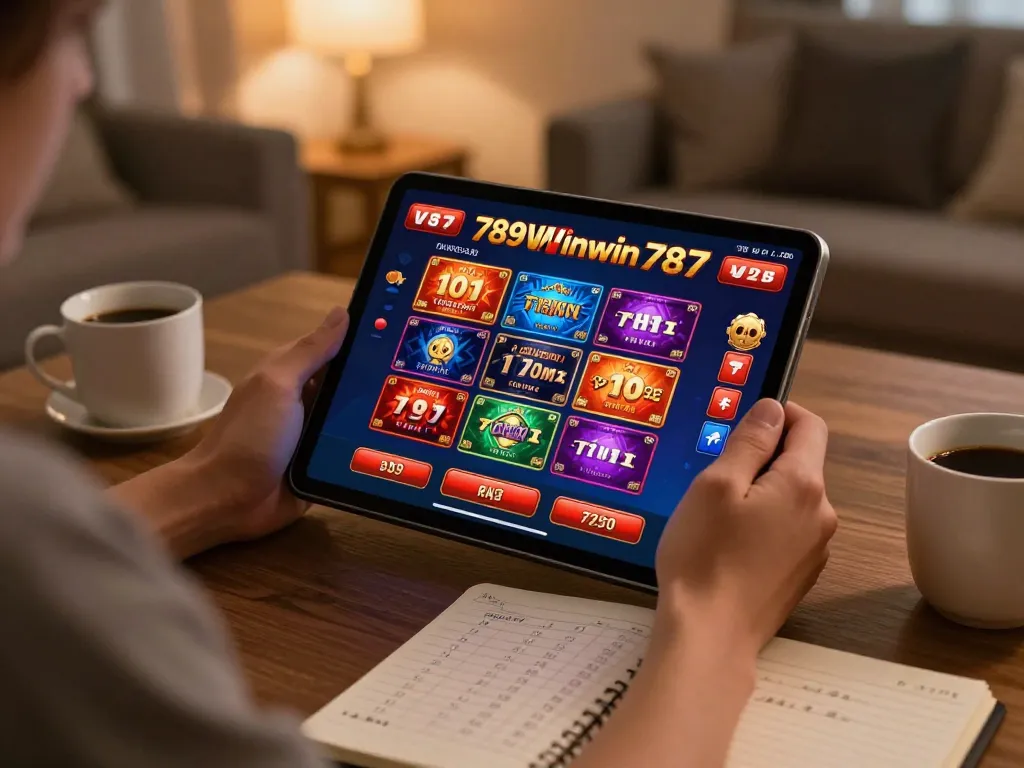 Player enjoying online gaming experience at home with 789win787 app on tablet, showcasing vibrant interface.