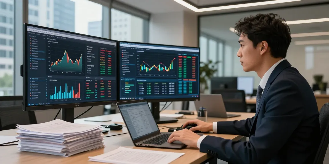 Professional analyzing financial crime intelligence data in a modern office setting.