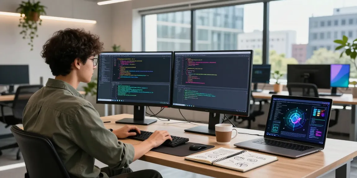 Dynamic tech workspace with innovative developer coding spicy ai solutions on dual monitors.