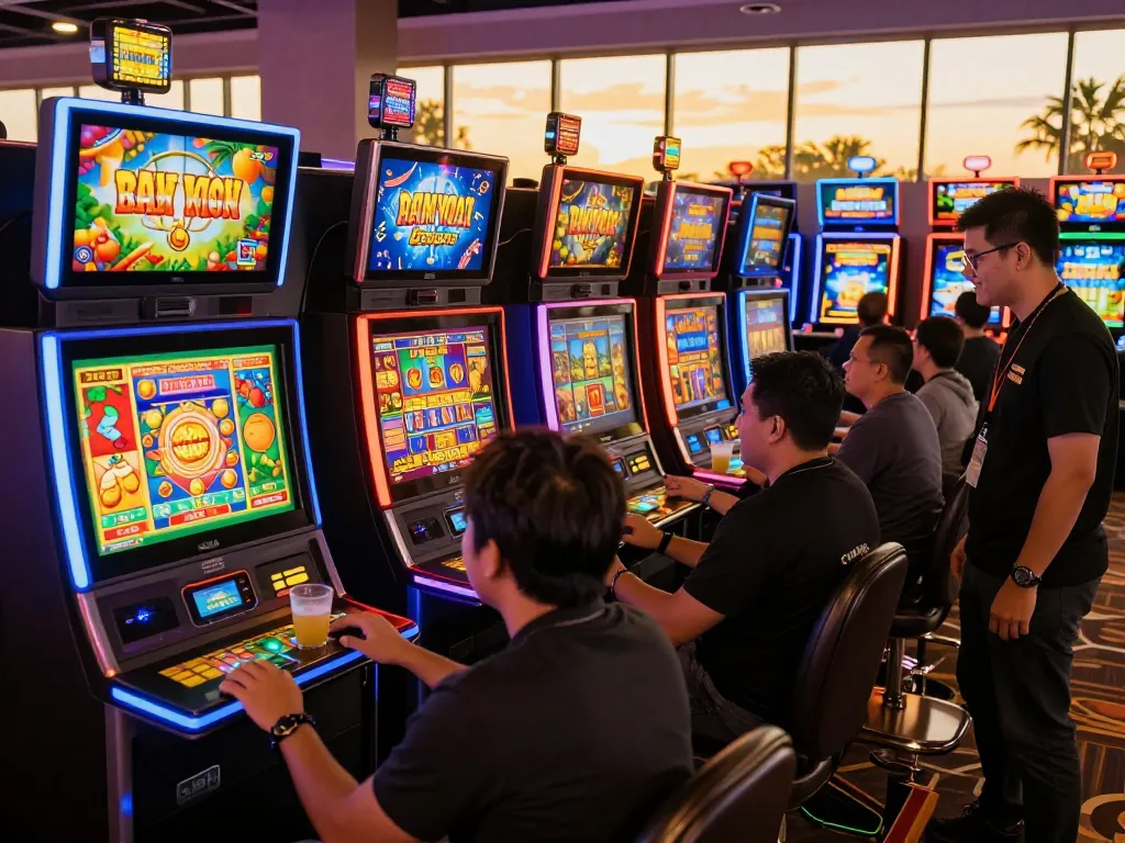 Players immersed in energetic situs gacor slot gaming scene with vibrant LED lights and modern machines.