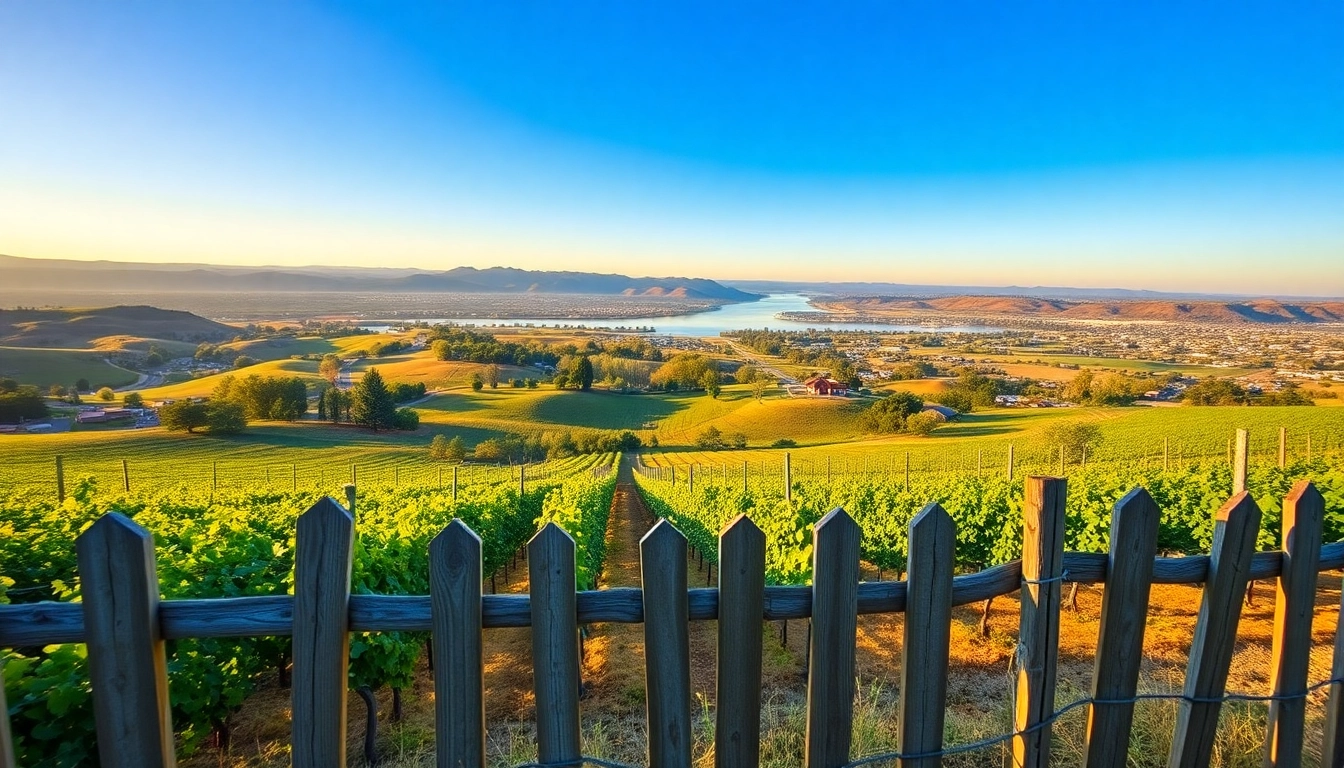 Vineyards in Clarksburg California under a golden sunset sky, showcasing serene countryside.