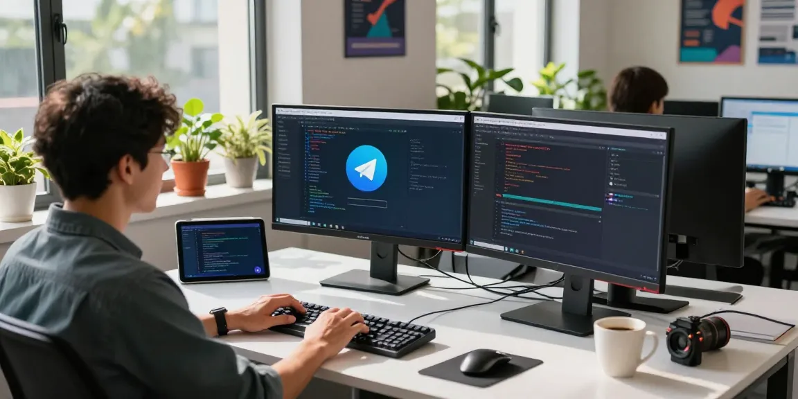 Professional workspace with developer coding 纸飞机官网 on multiple monitors, showcasing modern tech environment.