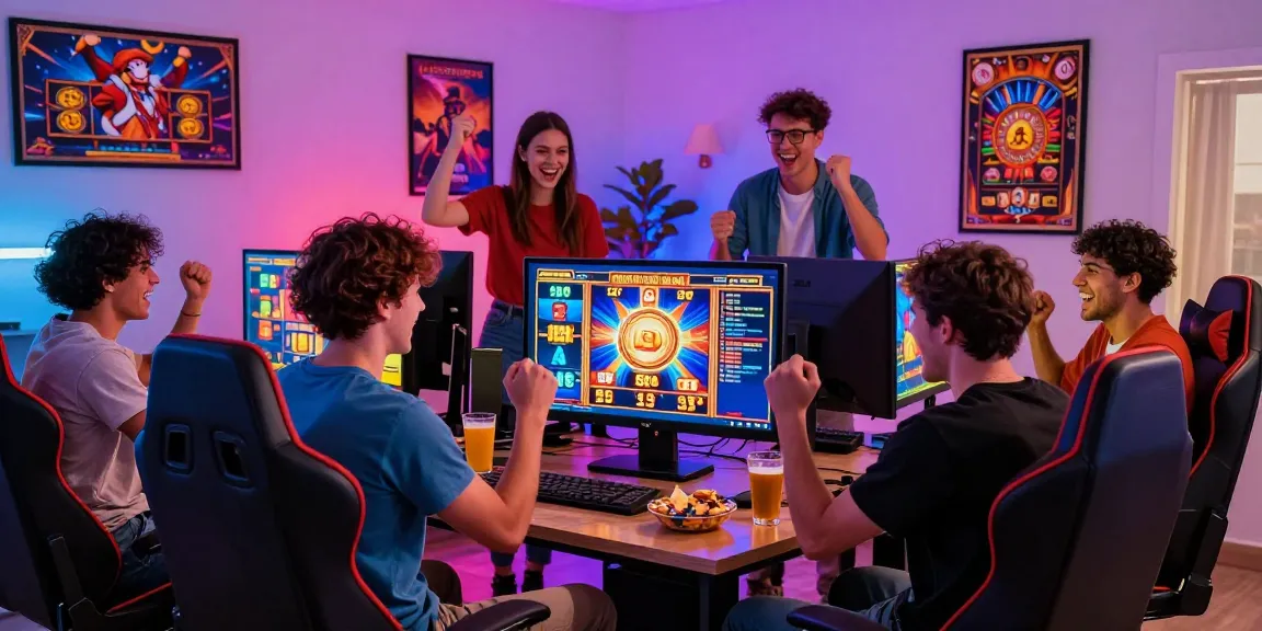 Friends enjoying a thrilling slot online gaming experience at home