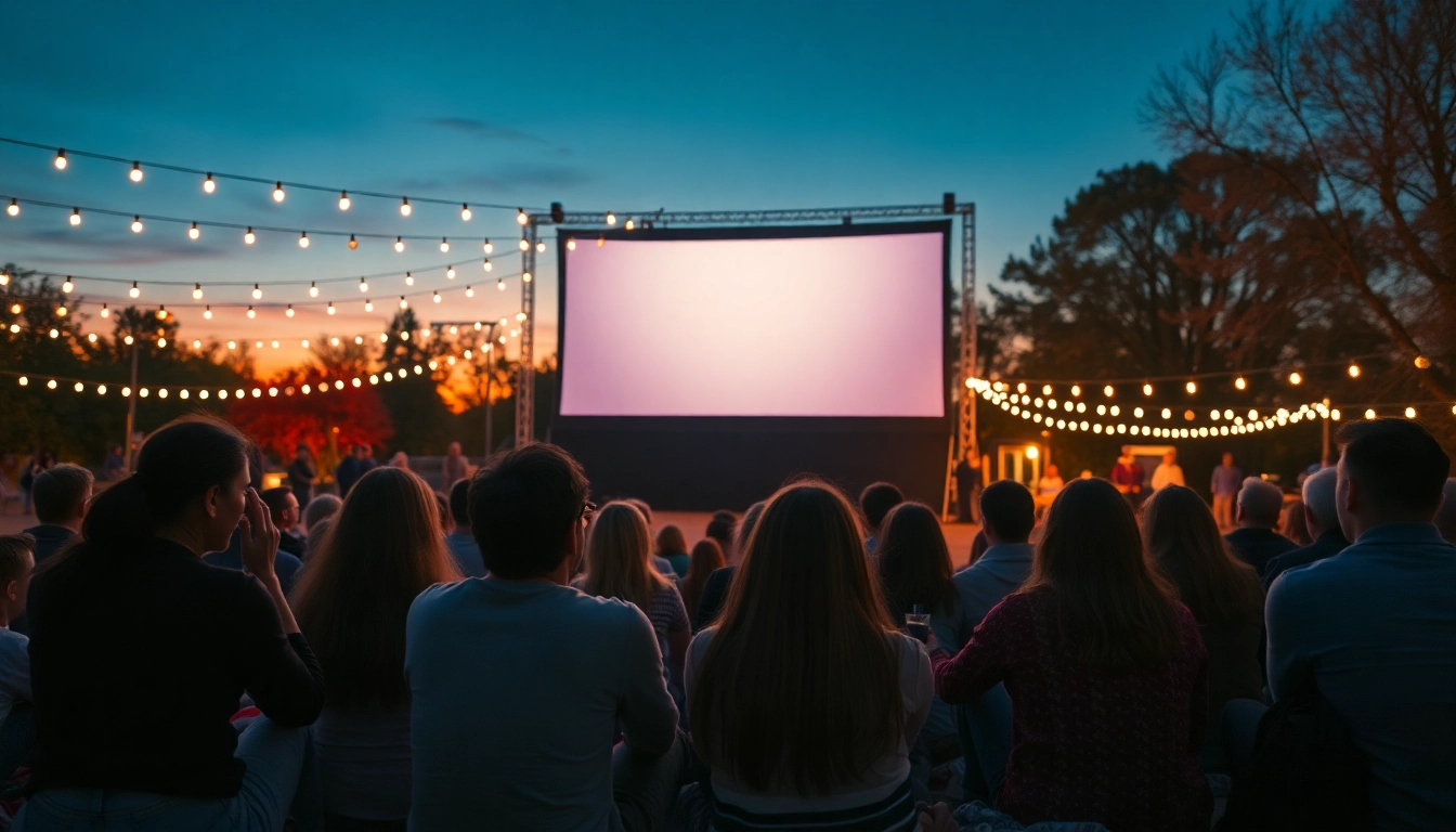 Engaging scene of friends enjoying หนังออนไลน์ together outdoors, surrounded by festive lights.