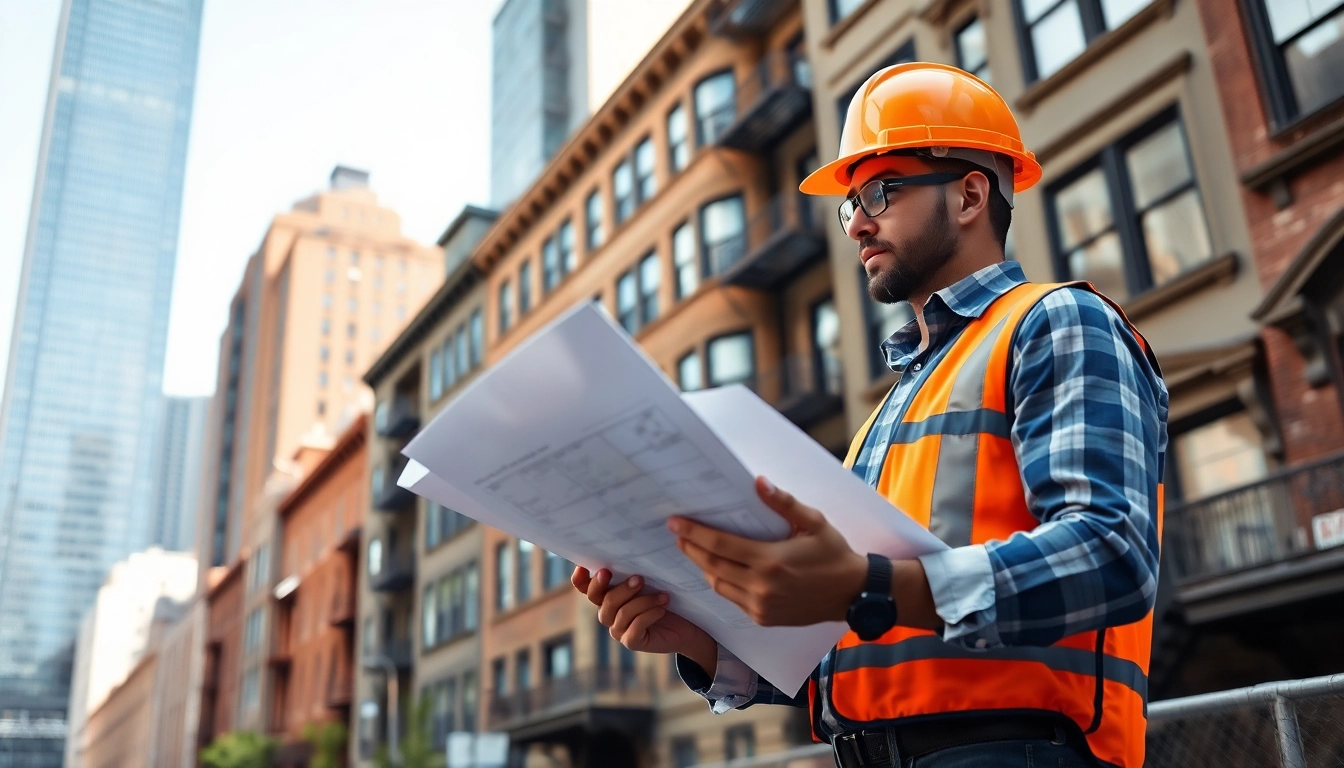 Manhattan General Contractor inspecting a construction site with blueprints amidst city architecture.