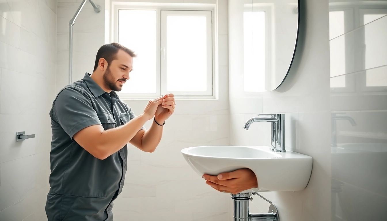 Technician installing high-quality fixtures from sonni sanitär GmbH in a modern bathroom.
