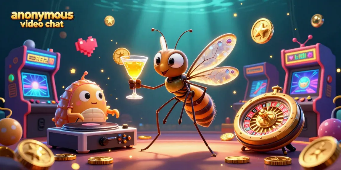 Join a vibrant anonymous video chat with animated characters in a dynamic casino scene.