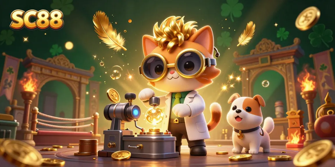 Engage in the thrilling atmosphere of SC88 with a playful cat scientist and dog assistant amid gold coins and casino elements.