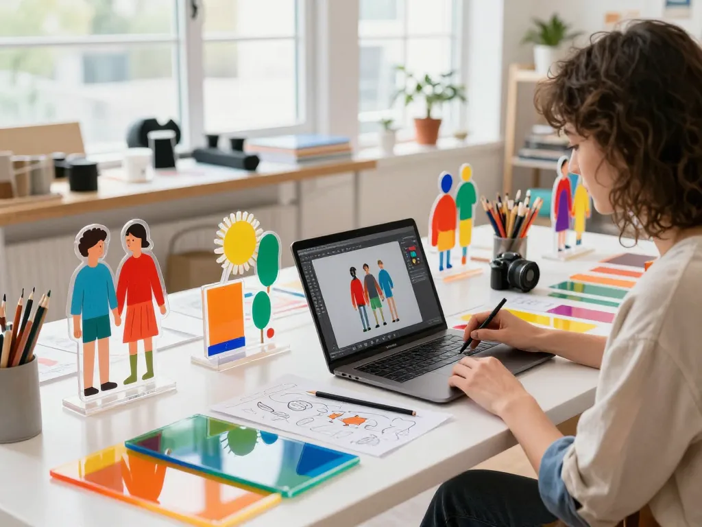 Colorful custom acrylic stand designed in a bright studio, featuring creative tools and vibrant acrylic sheets.