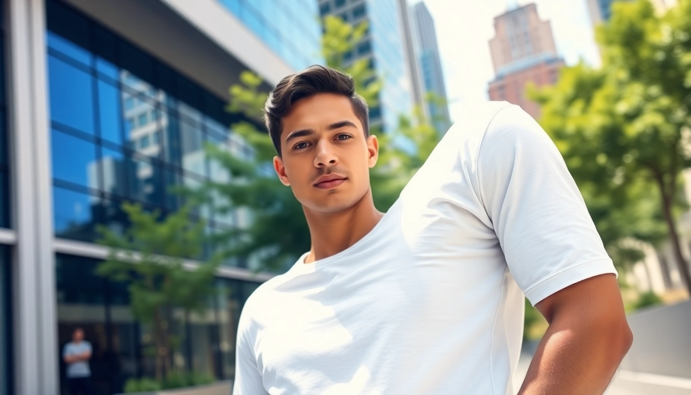 Showcase the elegant fit of a blank white t shirt worn by a model in an urban backdrop.