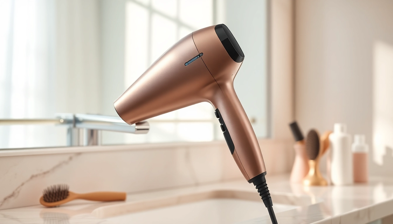 Hair dryer for frizzy hair positioned on a vanity with smooth textures, highlighting elegance and functionality.