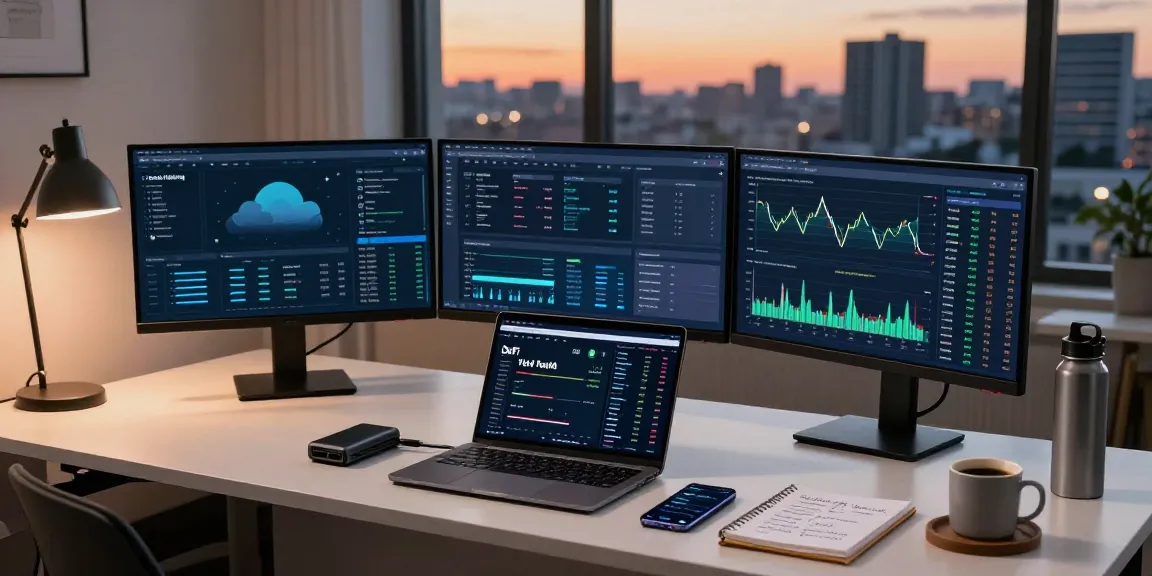 Cloud mining analytics on monitors in a cryptocurrency trading setup with live crypto market data and wallet tracking.