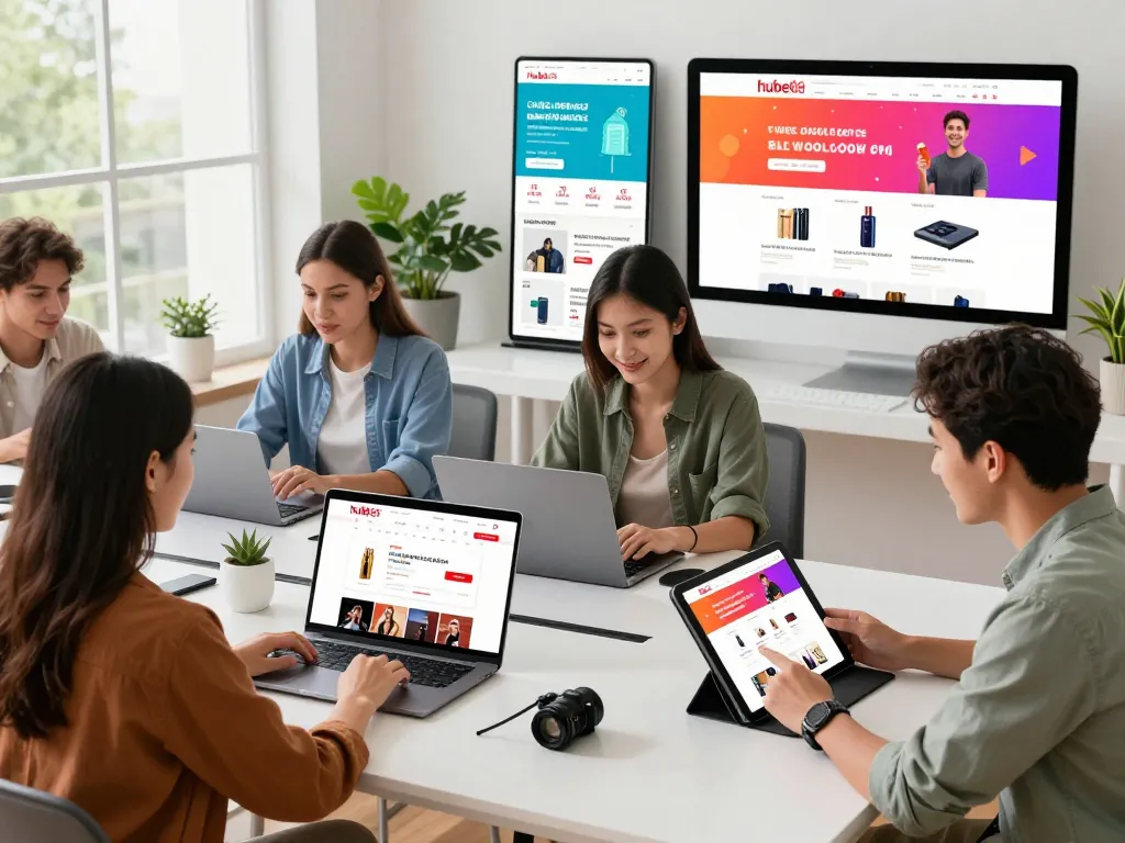 Interactive e-commerce shopping scene on hubet88com featuring diverse shoppers engaging with digital devices.