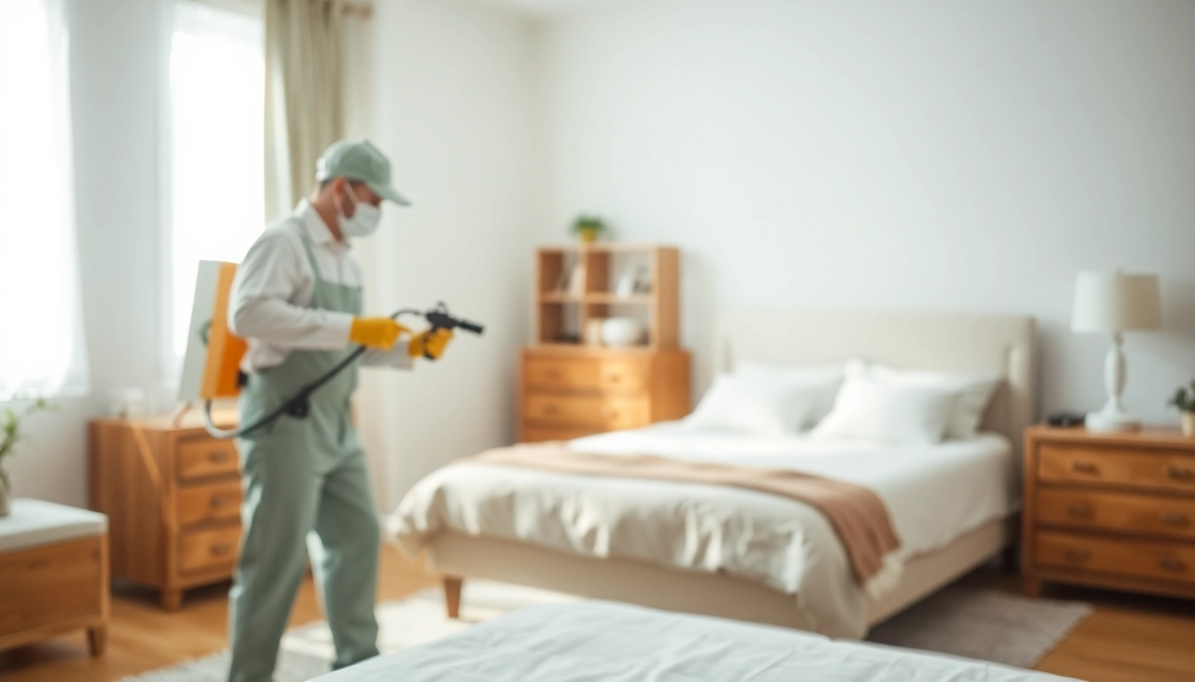 Effective bed bug control by a professional pest control expert in a clean bedroom setting.