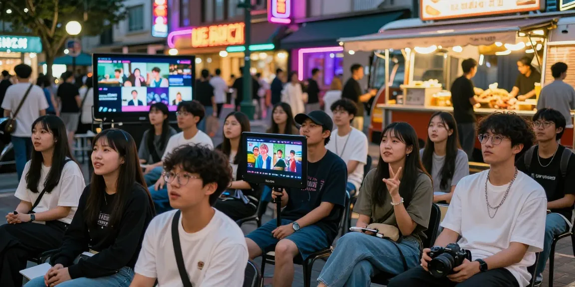 티비위키를 시청하는 젊은이들로 가득한 활기찬 도심의 거리 풍경
