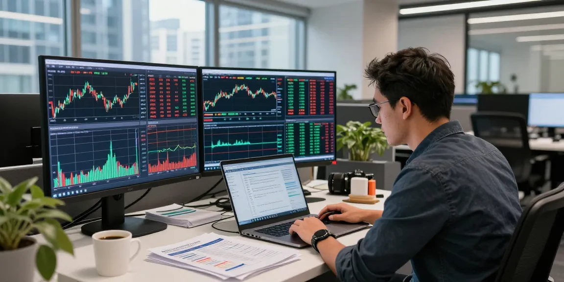 Trader analyzing forex market live prices on multiple screens in a modern financial office.
