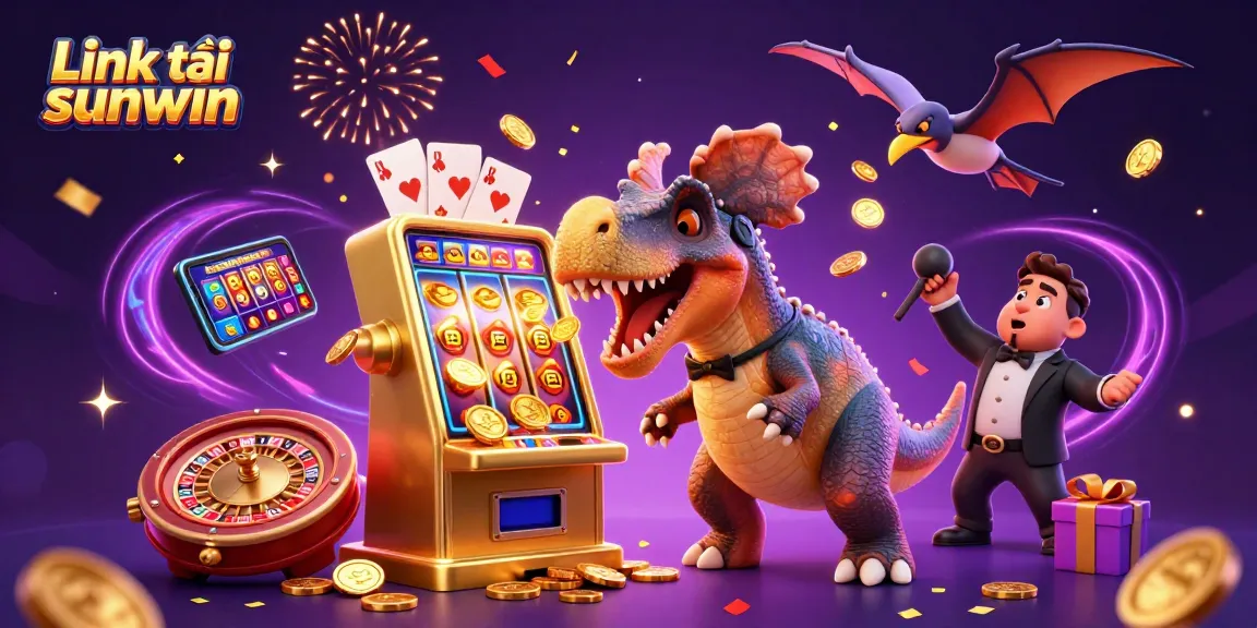 Link tải sunwin shows a dinosaur jackpot at a colorful casino scene with coins flying everywhere