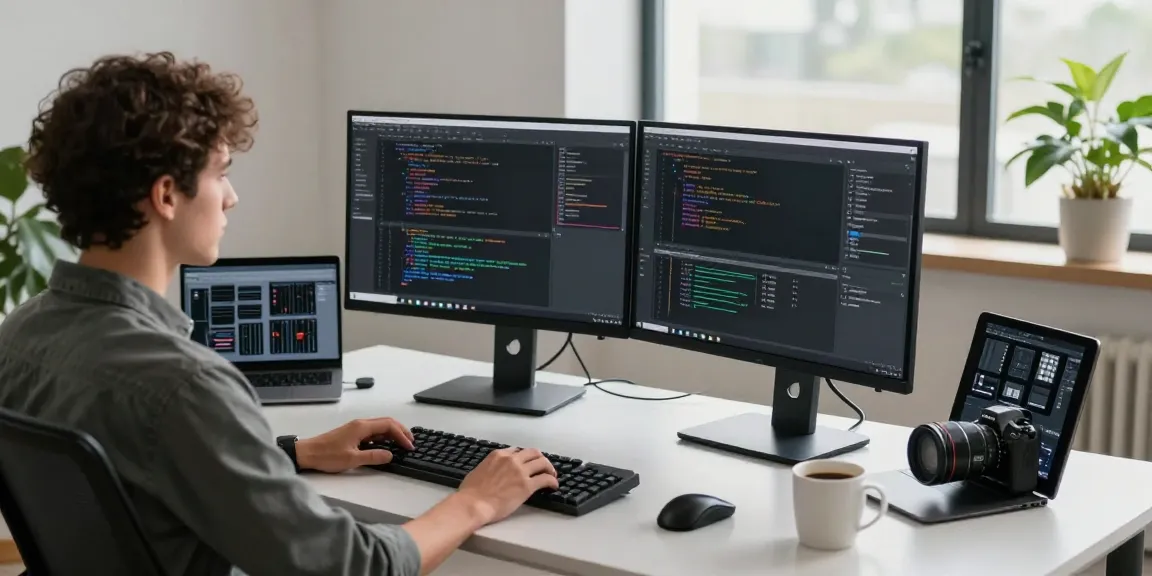 Developer coding in a modern workspace for 纸飞机中文版, showcasing advanced software features.