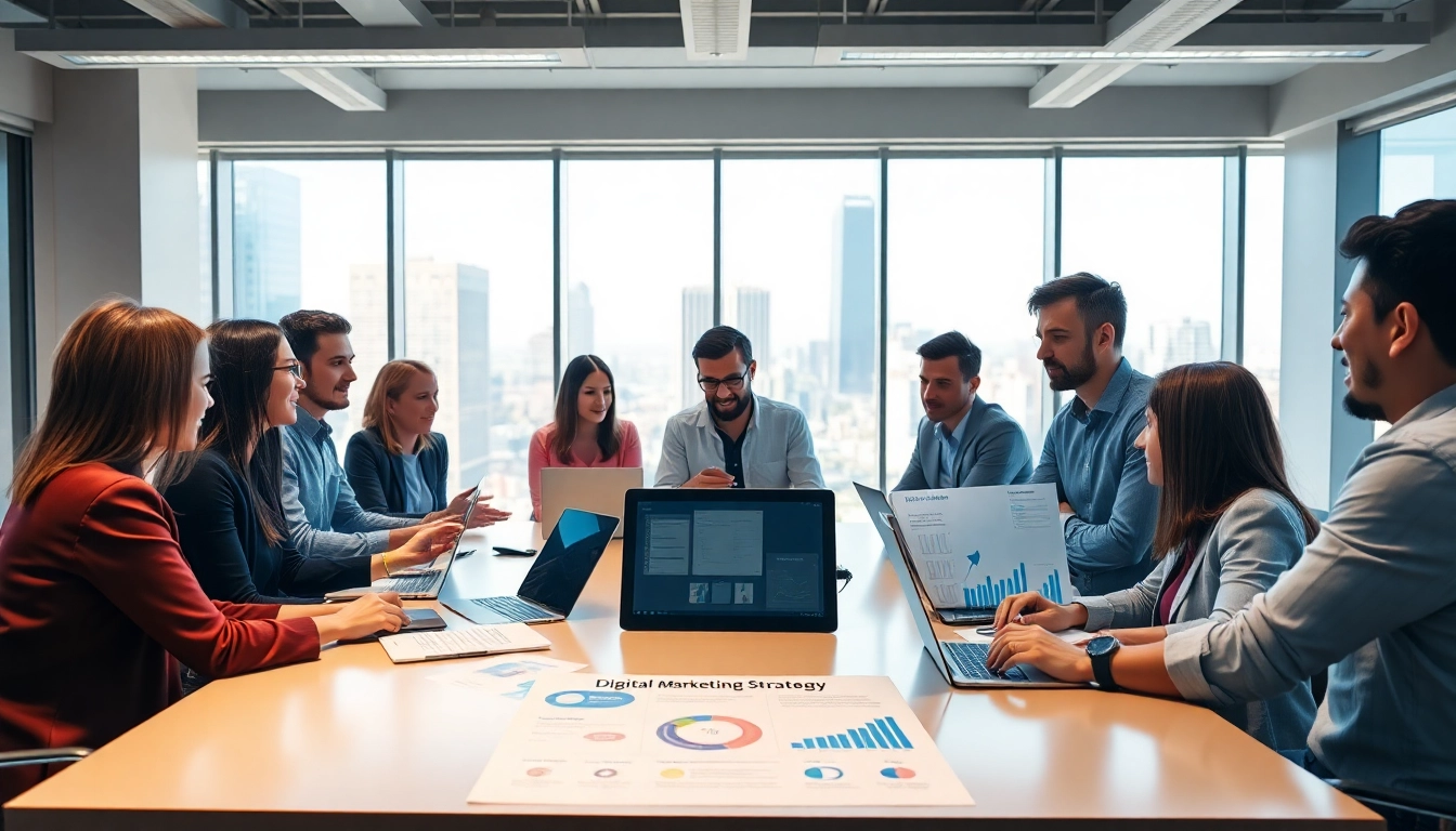 Engaged team brainstorming at a table, showcasing digital marketing company collaboration.